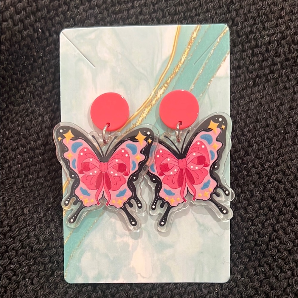 Pink Butterfly Acrylic Drop Earrings Blue Bow Star Dangle Post Back Jewelry